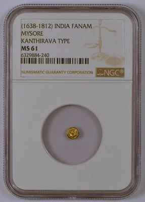 Moneda de oro India-Mysore Fanam 1638-1812, tipo Kanthirava, clasificación NGC MS61 Foto 1 de 4