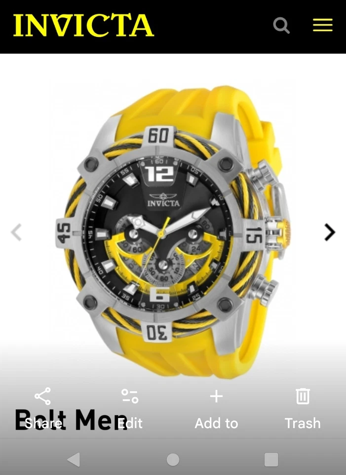 Invicta Bolt Amarillo Hombre 52 Mm Cuarzo Suizo Modelo 31062 Foto 1 de 4