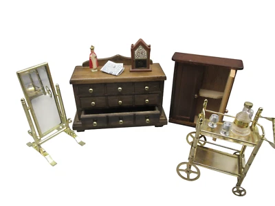 Vtg 70s Dollhouse Miniature Wood Bedroom Furniture Cabinet Mirror Dresser Table - Image 1 of 4