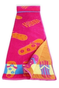 Großes Strandtuch Flip Flops Kirsche heiß rosa orange gestreift Blumen 100 % Baumwolle - Bild 1 von 2