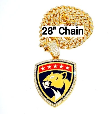 COLAR FLORIDA PANTHERS GEM OURO hip hop NHL hóquei bling pingente e corrente 28" - Imagem 1 de 3