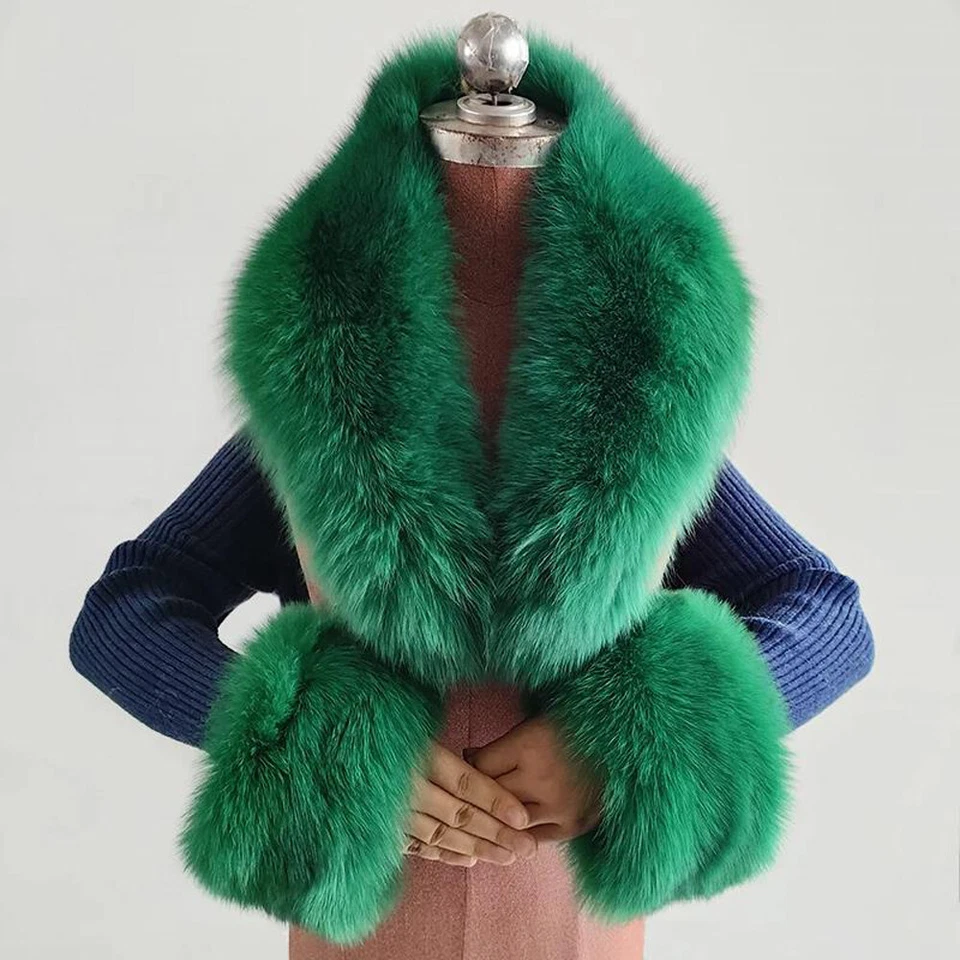 Women's Winter Real Fox Fur Collar Scarf Warm Scarves Shawl Wrist Cuffs One Set - Image 1 of 4