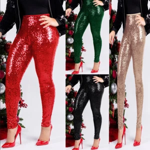 Women's Plus Size Sequin Slim Leggings Pants Women's Sexy Nightclub Trousers - Picture 1 of 16