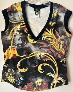 VTG Just Cavalli Baroque Gold Leaf Print Tank Top V Neck Sleeveless Knit Glitter - Picture 1 of 7