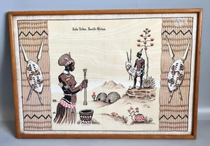 Vintage Picture South Africa Zulu Tribe Tourist Art Souvenir MCM 45x32cm - Picture 1 of 7