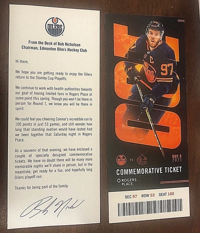 Oilers Connor McDavid 100 Points 53 games NHL Commemorative Ticket RARE Cover