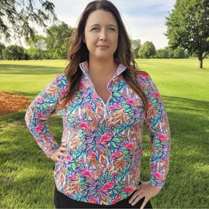 Lulu B Polo-Top Damen Größe Large 1/4-Reißverschluss lange Ärmel rosa Flamingo Activewear - Bild 1 von 3