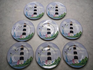 8 Thomson Pottery Lighthouse Salad Plates 7 ³/⁴ Sailboat Nautical Stoneware Used - Picture 1 of 6