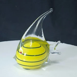Angel Fish Art Blown Glass Figurine Paperweight. Yellow striped clear Vintage - Picture 1 of 4