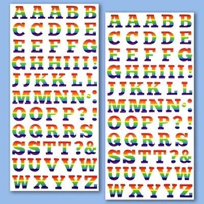 PEBBLE ELEVEN Self Adhesive RAINBOW CAPITAL LETTER STICKERS Colourful A-Z Alphabet - 2 Sheets