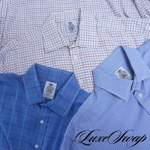 LOT X3 Cordings England Flannel Tattersall Blue Gingham Button Down Shirt 17.5