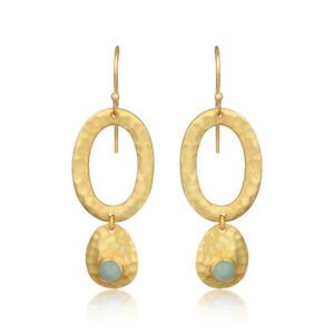 Aqua Chalcedony Gemstone 18k Yellow Gold Plated Texture Dangle Women Earrings