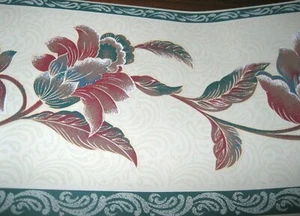 Wallpaper Border Floral Flower Ivory Wine Green Jaquard Moire Wall 80850  NIP - Picture 1 of 2