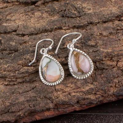 Pink Opal Turquoise Gemstone 925 Sterling Silver Handmade Jewelry Earrings Gift - Image 1 of 4