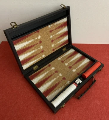 Vintage Backgammon Set Solid Briefcase w Leather & Cork Lining Dice Game Collect - Image 1 of 4
