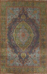 Antique Floral Charcoal/ Green Overdyed Traditional 10x13 Area Rug Hand-knotted 