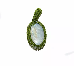 Natural Rainbow Moonstone Gemstone Oval Pendant Green Thread Handmade Pendant - Picture 1 of 5