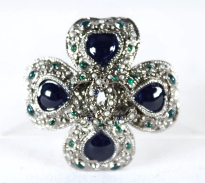 CHANEL 11A Dark Silver Metal Blue Enamel Beaded CC Logo Clover Pendant Brooch - Image 1 of 4