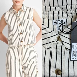 🌼 Future Collective - Button-Down Shirt Striped Sleeveles Boxy Top Size S Small - Picture 1 of 8