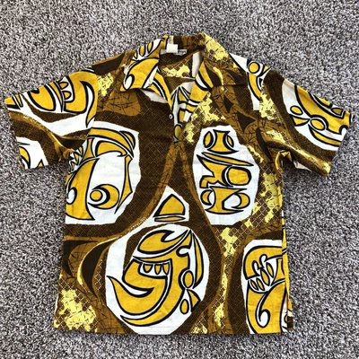 Vintage 60s Pa'ani Hawaiian Shirt Loop Collar Yellow Barkcloth Tiki Open V-Neck - Image 1 of 4