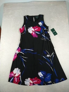 New Lauren Ralph Lauren Sleeveless Shift Swing Dress Size 8 Black Floral - Picture 1 of 12