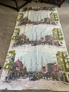 Colorful Old New York Colonialism Harbor Tea Party Barkcloth Era Vintage Fabric - Picture 1 of 6