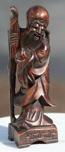 VINTAGE CHINESE HAND CARVED WOOD SHOU-LAO GOD OF LONGEVITY STATUE RED TAO ROSE - Picture 1 of 10