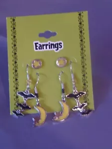 3-Pair Bats and Moons Halloween Dangle Earrings Retail $5.99(LB-2) - Picture 1 of 3