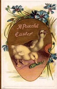 Friedliche Ostern Postkarte Serie 4353 Zwei Baby Enten essen Erbsen gold vergoldeter Rahmen - Bild 1 von 2