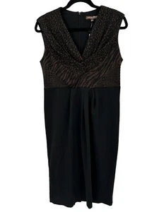 Adrienne Vittadini Dress 10 Black Brown Sheath Sleeveless V-Neck Knit Ruched NEW - Picture 1 of 7