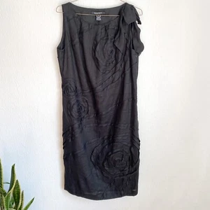 Ellen Tracy Black Linen Sleeveless Rosette Shift Dress Women’s 8 Bow Strap Rose - Picture 1 of 12