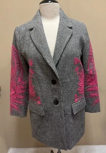 Ettitwa By Anthropologie Houndstooth Embroidered Tweed Blazer Jacket SZ 4 - Picture 1 of 11