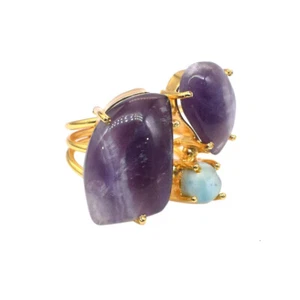 Amethyst Three Stone Ring Women's Day Gold Plated Jewelry Adjustable Ring P662 - Picture 1 of 5