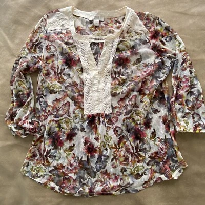 Vintage America Blues Pink Floral Lace Top Blouse SZ L Mother Of Pearl Buttons — 第 1/4 张图片