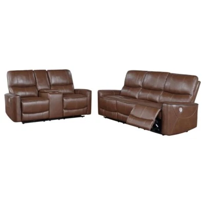 2 PC SADDLE BROWN POWER FAUX LEATHER RECLINING SOFA AND LOVESEAT FURNITURE SET - Image 1 of 4