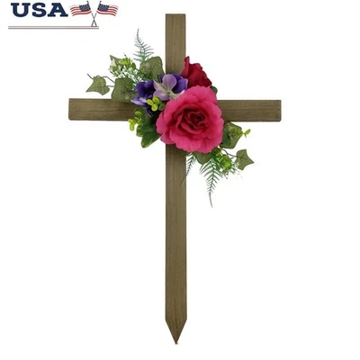Outdoor Artificial Cemetery Floral Cross W/ Fuchsia Roses & Green Foliage New - Image 1 of 4