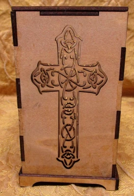 laser engraved wood votive box designed by me w/Celtic Cross design - Image 1 of 4