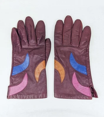 Guantes de cuero para mujer estilo años 70 vintage - borgoña con retazos multicolores Foto 1 de 4