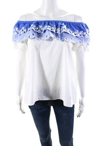 PETER PILOTTO Womens Cotton Eyelet Off The Shoulder Blouse Top White Blue Size 2 - Imagen 1 de 5