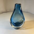 Vintage Blue Art Glass Sommerso Tear Drop Vase 8 inch Heavy