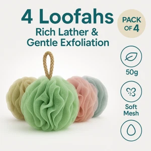 Loofah Sponge Set of 4 Shower Body Scrubber Exfoliating Bath Pouf for Men Women - Picture 1 of 10