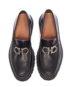 $930 SALVATORE FERRAGAMO - *BLEEKER* Black Solid Lug Sole Loafer - 7.5 E - Picture 1 of 8