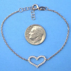 B488 Rose Gold On Sterling Silver CZ 7" Heart Bracelet Cable Chain New Solid 925 - Picture 1 of 3