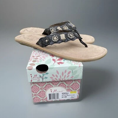 JELLY POP WOMENS SIZE 8.5 FLIP FLOPS GEMS SANDALS KENDALL BLACK RUBBER SOLE SLIP - Image 1 of 4