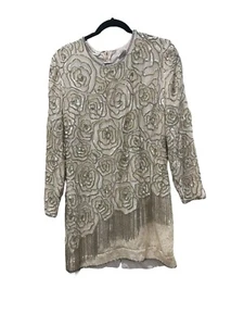 Night Vogue Beaded Sequin Vintage Ivory Mini Dress Bridal Evening Size Large - Picture 1 of 14