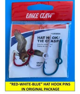 RED-WHITE-BLUE HOOKS -- EAGLE CLAW FISH HOOK HAT PIN MONEY CLIP - Set of 3 ! - Picture 1 of 8