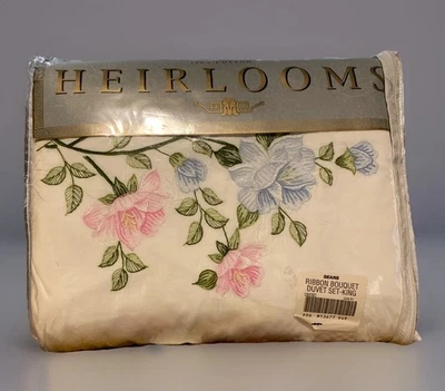 复古手工刺绣粉色和蓝色花朵被套-特大号 — 第 1/4 张图片