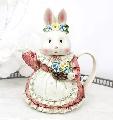 Théière anglaise zoomorphe en forme de lapin céramique peinte vintage - Photo 1/4