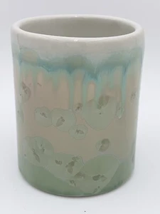 Indikoi Art Pottery 3-5/8” Whiskey Cup Crystalline Glaze Green Beige Aqua Signed - Picture 1 of 5