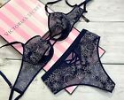 LUXE VICTORIA SECRET Floral Blue Embroidered Peek A-Boo Push Up Bra Thong Set